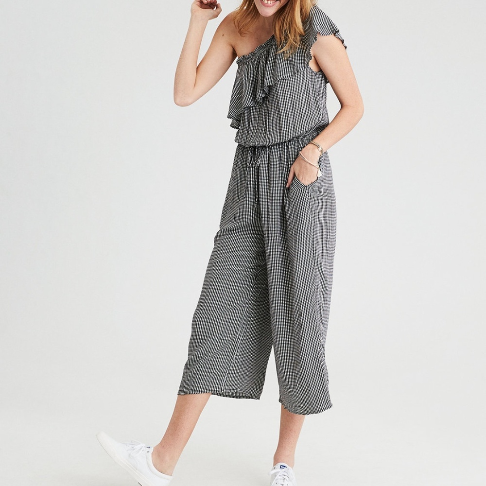 AE GINGHAM ONE SHOULDER CULOUTTE JUMPSUIT